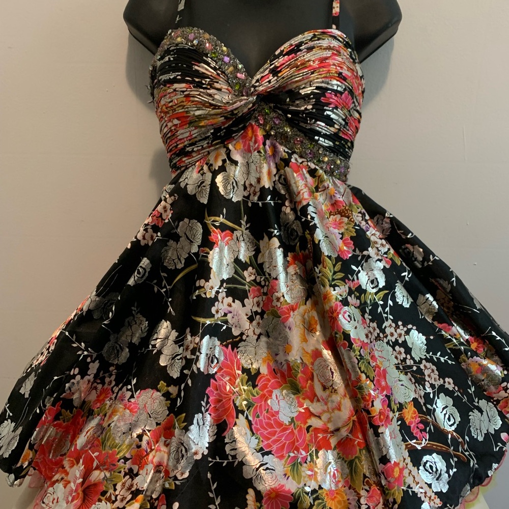 Black Floral Fit-and-Flare Dress with Pink & Silver Accents